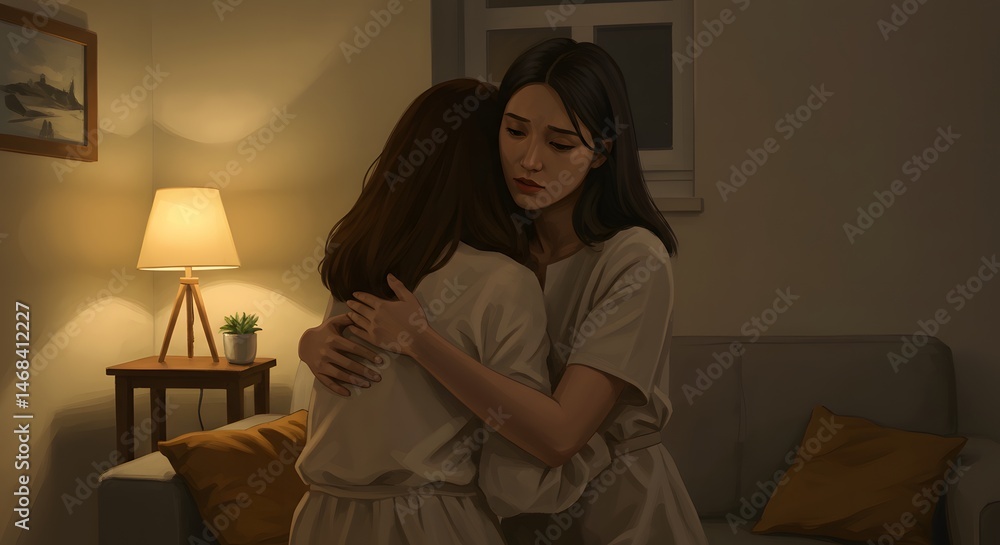 Fototapeta premium Two Women Embracing Comfort and Support in a Cozy Living Room During Evening