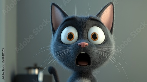 Animated cat, surprised expression, indoor scene, pot in background.  Use for children's book cover or cartoon