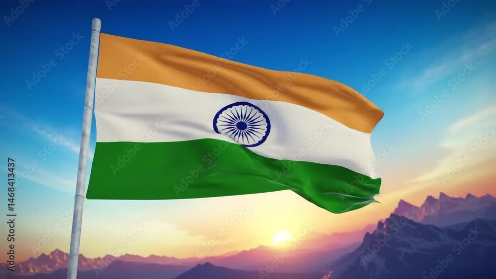 Indian Flag Waving in the Wind Against a Sunset Mountain Backdrop