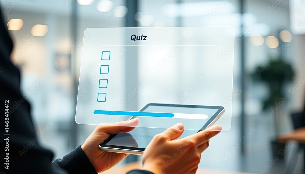 Interactive Digital Quiz Application on Tablet Device held by a Professional Interactive Digital Quiz Application on Tablet Device held by a Professional