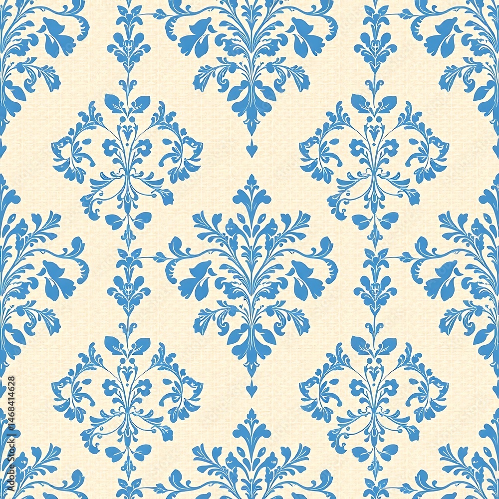 Fototapeta premium A repeating pattern of blue floral damask designs on a light beige background creating a wallpaper effect
