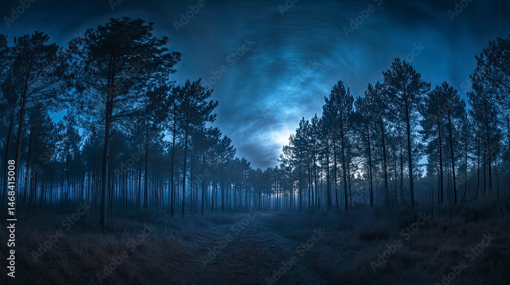 Fototapeta premium Forest at night with a cloudy sky. The trees are tall and dark, and the sky is cloudy