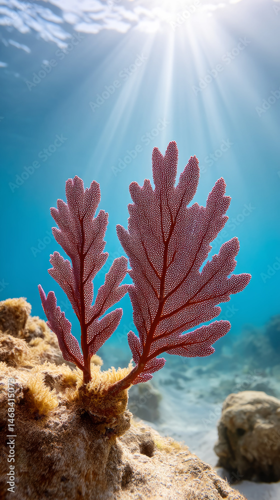 Fototapeta premium Sunlit sea fans beneath ocean surface resembling cathedral windows