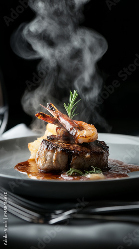 Gourmet seafood and steak with rosemary garnish in elegant dining setting