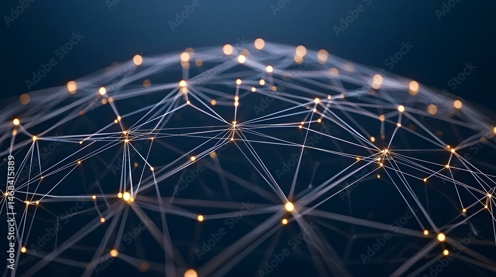 Obraz premium The image shows a complex network of interconnected nodes, resembling a constellation or a neural network, with glowing points of light at the intersections of the lines. The overall effect is one o