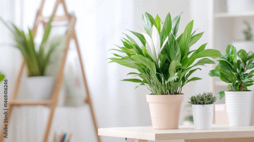 Fototapeta premium Spring home office workspace with vibrant indoor plants and minimalist decor