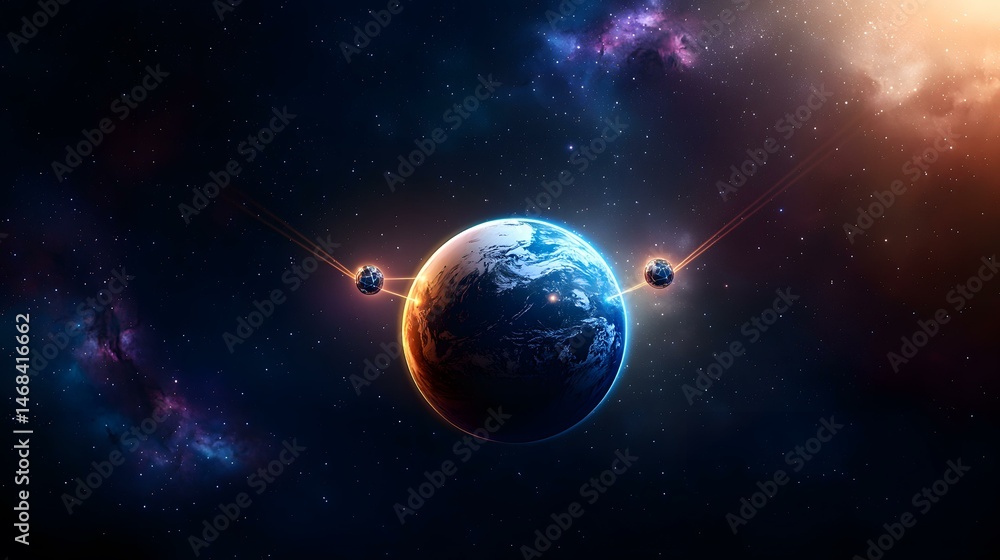 Obraz premium A vibrant depiction of a planet, strikingly similar to Earth, positioned centrally within a cosmic expanse. Two smaller celestial bodies, possibly asteroids or satellites, are shown arcing towards t