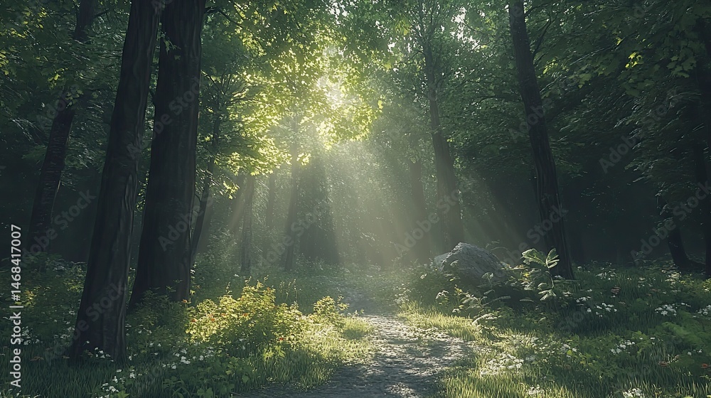 Forest path is illuminated by the sun, creating a peaceful and serene atmosphere Forest path is illuminated by the sun, creating a peaceful and serene atmosphere