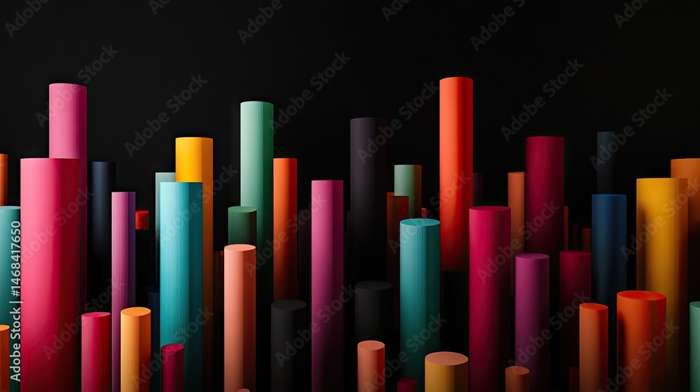 Obraz premium Colorful arrangement of cylindrical shapes in a dynamic pattern. showcasing vibrant hues against a dark background. ideal for abstract art or design purposes