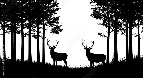 set of whitetail deer in the forest silhouette design vector art illustration
