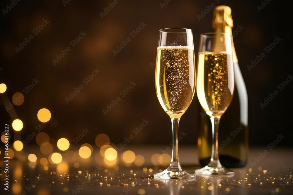 Crystal champagne glasses, bottle; shimmering gold setting, glamorous, champagne, festive Crystal champagne glasses, bottle; shimmering gold setting, glamorous, champagne, festive