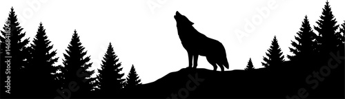 A wolf howling in a dense forest with tall trees vector animal silhouette