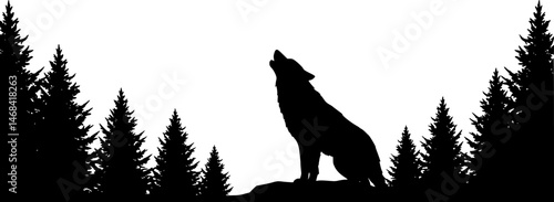 A wolf howling in a dense forest with tall trees vector animal silhouette