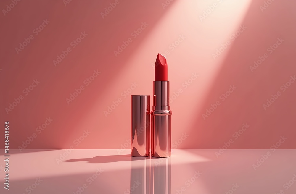 Open red lipstick mockup on glossy mirrored surface with soft spotlight, blank and ready for branding Open red lipstick mockup on glossy mirrored surface with soft spotlight, blank and ready for branding