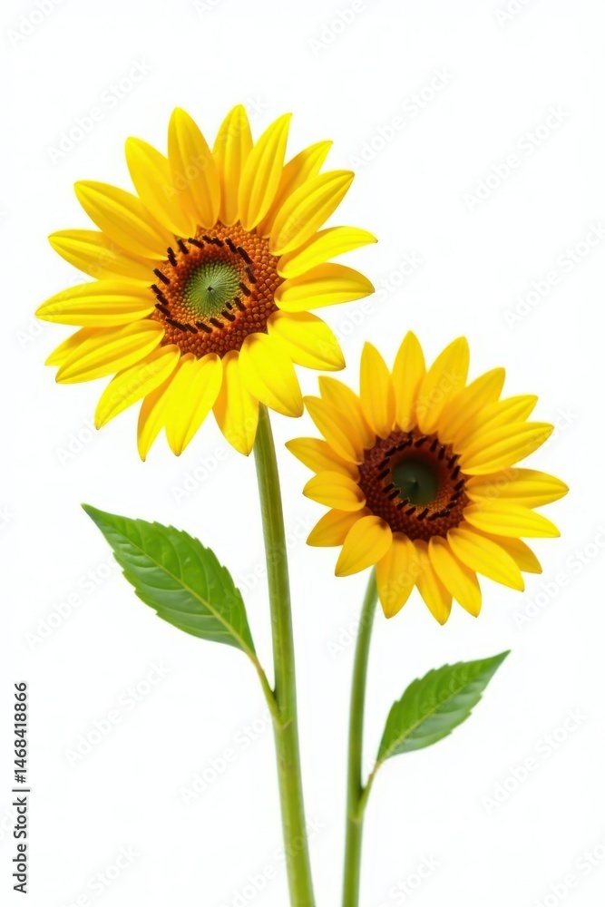 Obraz premium Two bright sunflowers, stems visible, against stark white , image, photography, macro