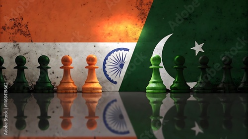 Minimalistic design showing chess pieces with Indian and Pakistani flags in a silent standof