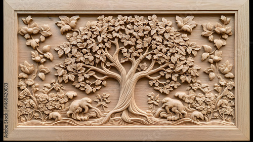 Intricate Wood Carving Of A Tree With Animals