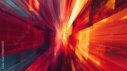 Abstract geometric red and orange lines converge towards bright light