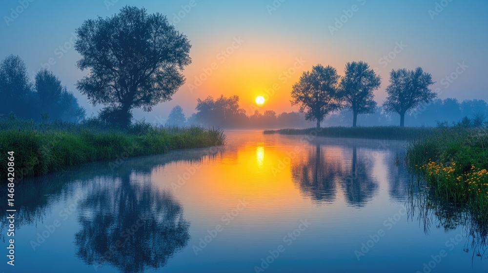 Peaceful sunrise over a tranquil river landscape. Peaceful sunrise over a tranquil river landscape.