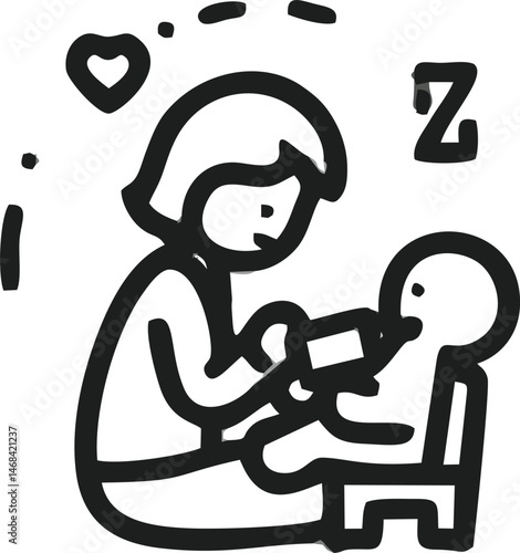 Mother Feeding Baby, Line Art Illustration