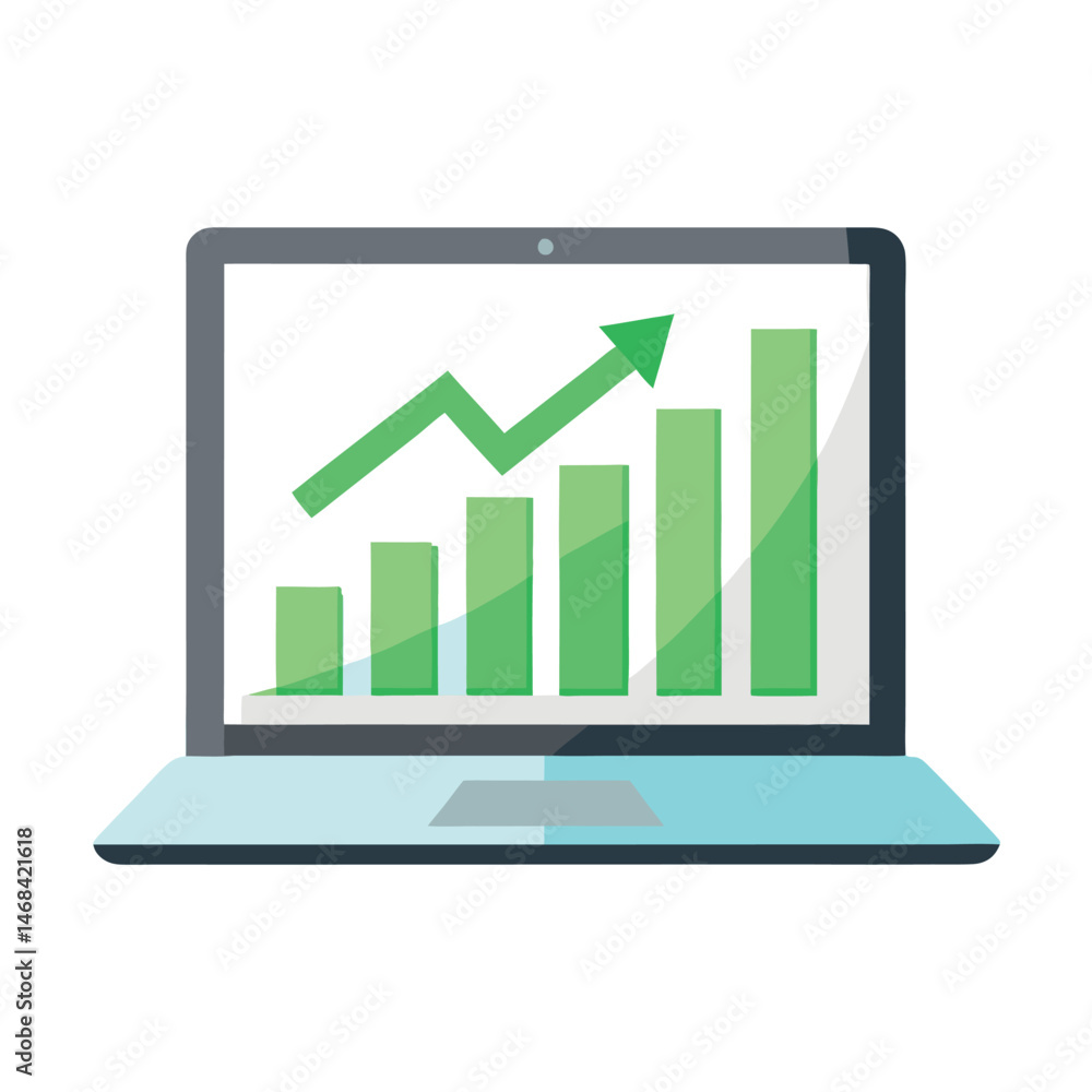 A laptop with a blank screen next to a rising green arrow and bar graph, suggesting growth on a white background. A laptop with a blank screen next to a rising green arrow and bar graph, suggesting growth on a white background.