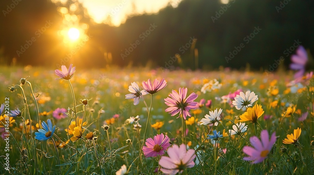 Fototapeta premium Vibrant wildflower meadow under golden sunset soft light illuminating delicate petals cinematic rural tranquility