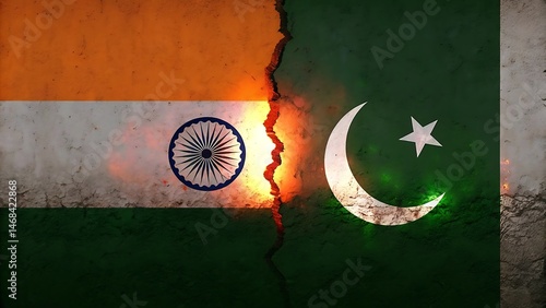 Cracked stone wall with painted symbols of India and Pakistan splitting down the middle