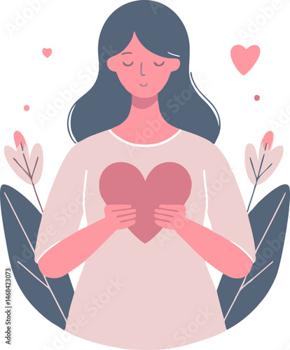 Woman Holding Heart, Self-Love, Mindfulness, Wellbeing Illustration