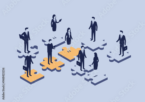Business Team Standing on Puzzle Pieces Connecting Each Other