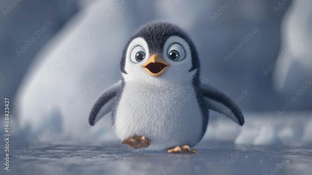 Fototapeta premium Cute penguin walking on ice in snowy landscape. Possible use children's book, educational material