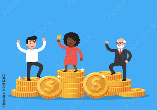 Diverse Successful People Stand on Stacks of Gold Coins