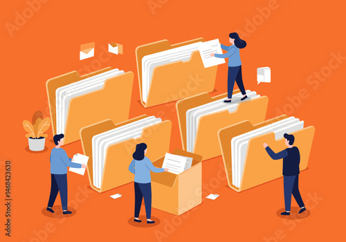 Organizing Documents People Sort Files Flat Illustration Concept