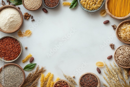 Wallpaper Mural A vibrant assortment of various grains. seeds. and pasta arranged in circular bowls on a textured surface. creating a visually appealing layout ideal for culinary themes Torontodigital.ca