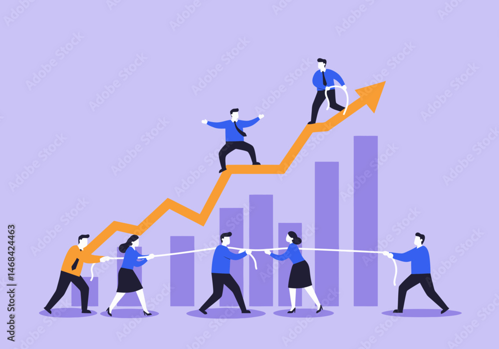 Fototapeta premium Business People Pulling Rope and Climbing Growth Chart