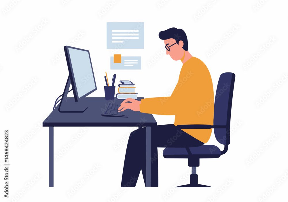 Young Man Working Hard at Computer on His Desk Young Man Working Hard at Computer on His Desk