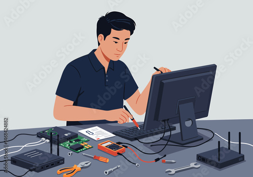 Technician Troubleshooting Electronic Devices on a Desk With Tools