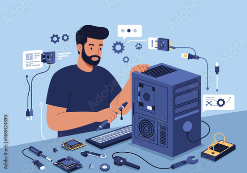Bearded Man Repairing Desktop Computer PC in Workshop