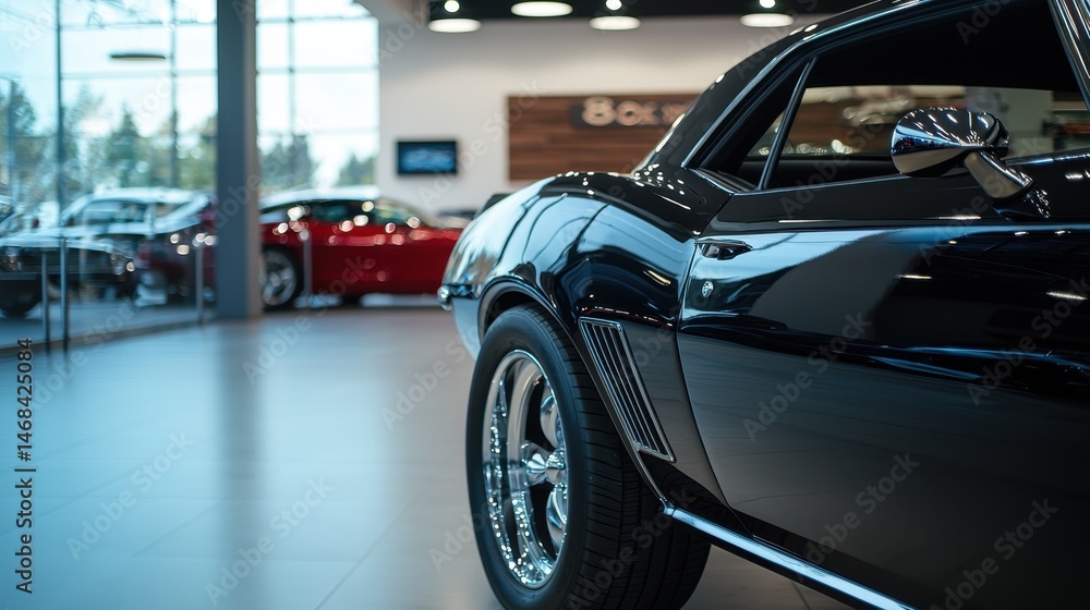Fototapeta premium Sleek Polished Muscle Car Showroom Display Under Spotlight with Reflections