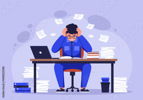 Overwhelmed worker with burnout at his cluttered workplace