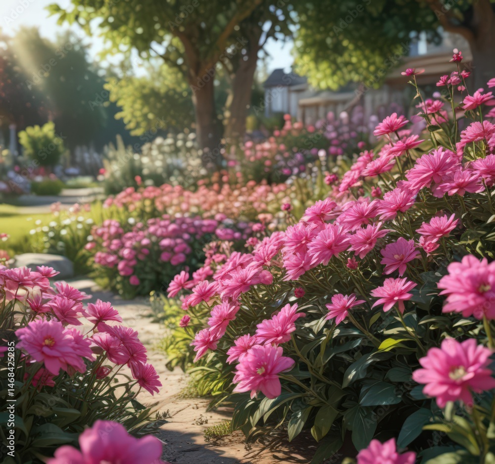 Fototapeta premium Vibrant pink flowers, lush garden setting, sunlit, flora, pink, pink flowers