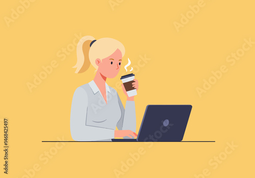 Blonde Woman Drinking Coffee While Working on Laptop