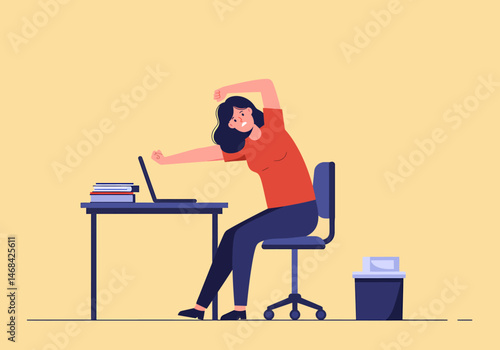 Flat vector illustration of office worker stretching arms while sitting at desk in front of computer monitor to relax after working