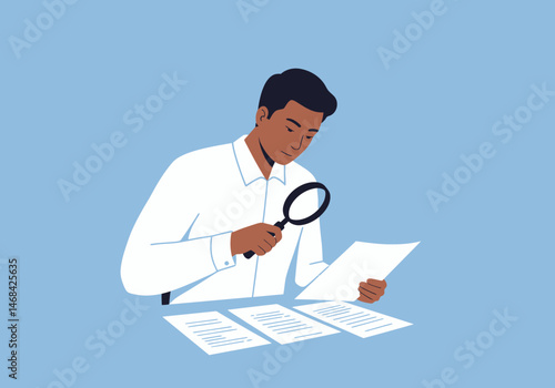 Flat vector illustration of office worker sitting at desk and examining document with magnifying glass for analysis or review.