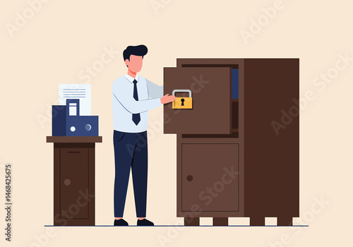 Flat vector illustration of businessman opening a big safe deposit vault for storing important documents. Flat vector