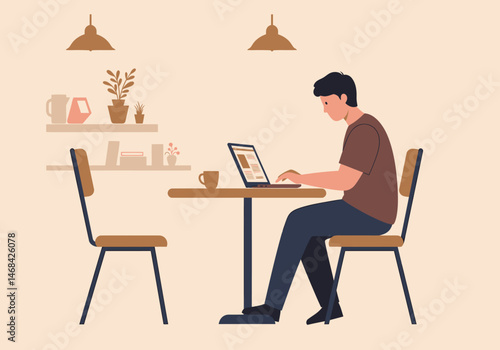 Freelancer Working Laptop In Cafe Flat Vector Illustration