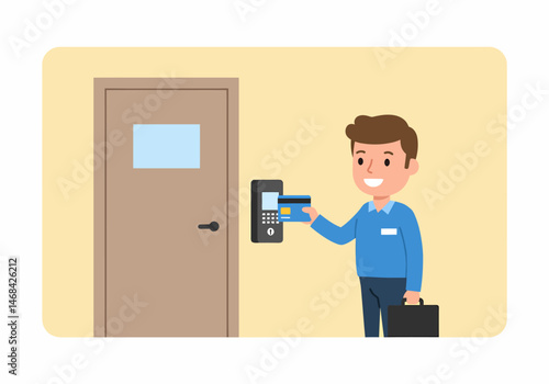 Man Accessing Door Security System with Card Illustration