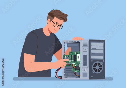 A technician's hand works to repair broken computer hardware