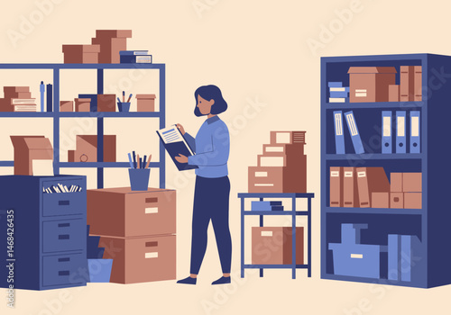 Woman Checking Inventory in a Stockroom Full of Boxes