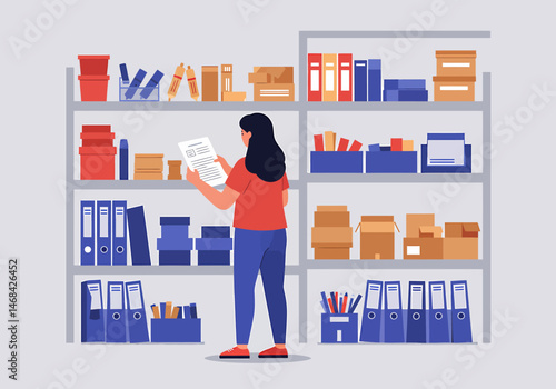 Woman Organizes Files on Shelves in Storage Room
