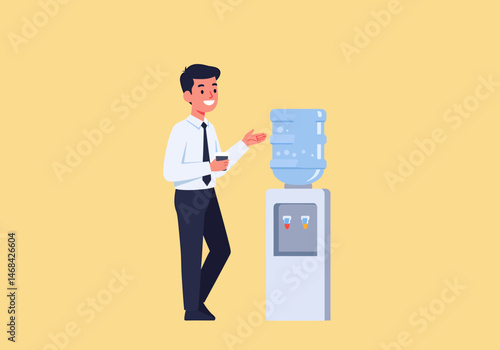 Man Stands Near Water Cooler Talking at Office